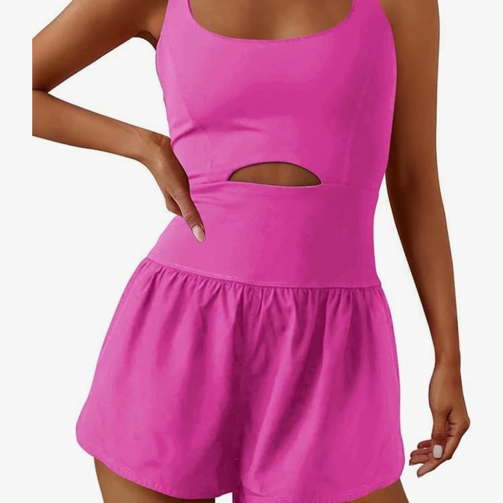 New w/o tags, hot pink sport romper with front peephole size M.